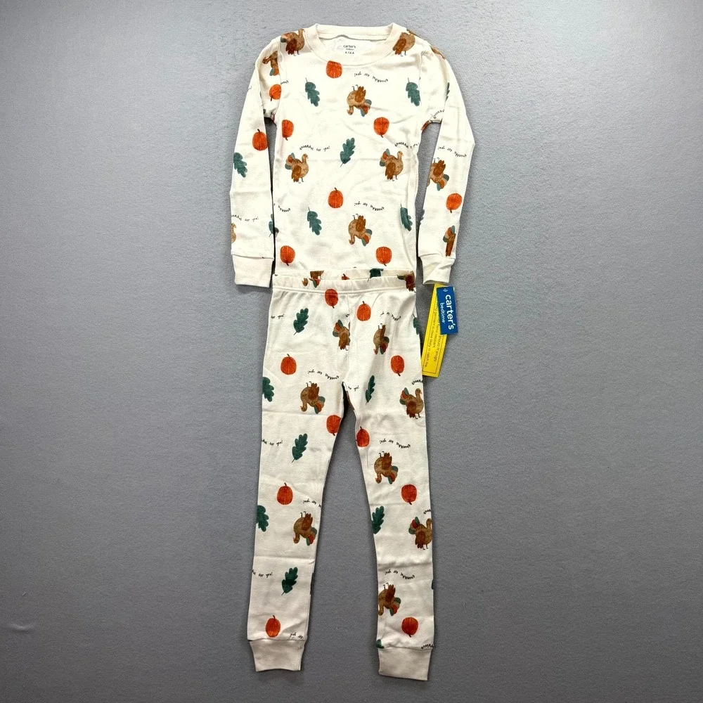 Carters 2 Piece Pajama Set Toddler Kids 6/6A Cream Thanksgiving Fall Pattern PJs